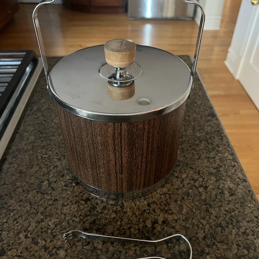 Vintage MCM Chrome & Wood Ice Bucket and Tongs